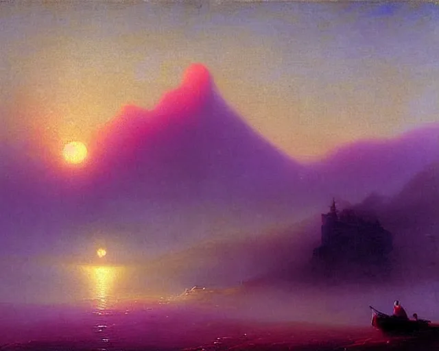 Image similar to clouds that look like mountains, figure with a guitar behind mist, sunrise, purple and blues, art by Ivan Aivazovsky