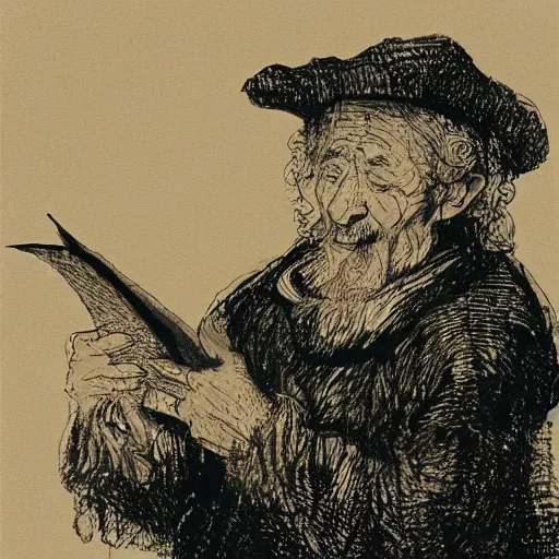 Prompt: a beautiful artwork of an old man holding a letter and crying in the rain by rembrandt featured on artstation