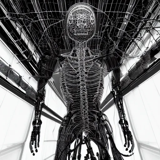 Image similar to nervous system made of wires and alien technology in a white room with glowing leds, hyper detailed, surreal concept art, apocalyptic, realistic, alive, industrial, tech, black and white photo on film, grain, cyborg, futuristic, humanoid, dream,