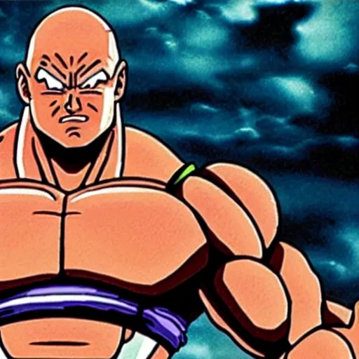 Image similar to dwayne johnson as character from dragon ball z cartoon