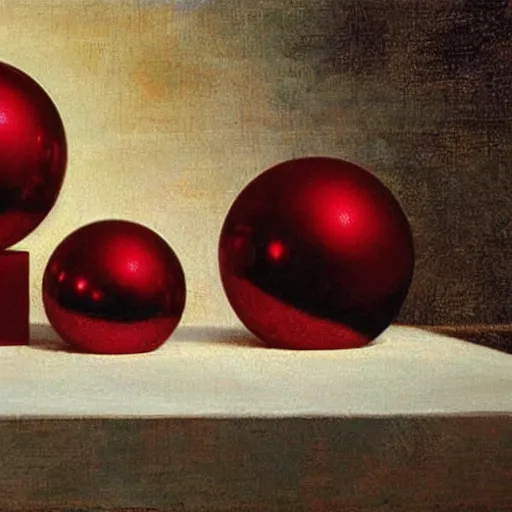 Prompt: chrome spheres on a red cube by john william godward