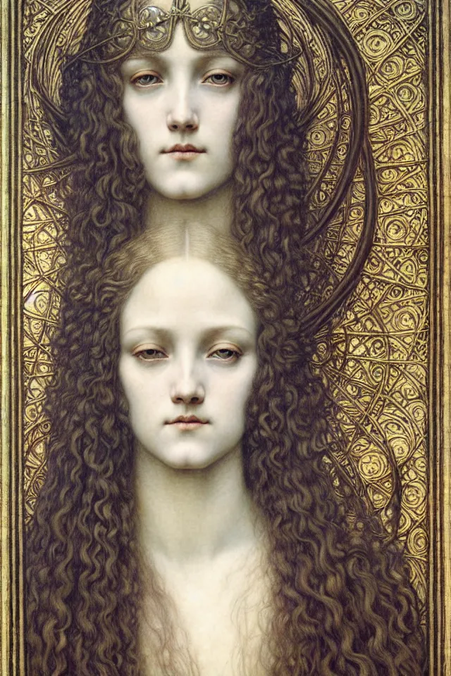 Image similar to detailed realistic beautiful young medieval queen face portrait by jean delville, gustave dore and marco mazzoni, art nouveau, symbolist, visionary, gothic, pre - raphaelite. horizontal symmetry