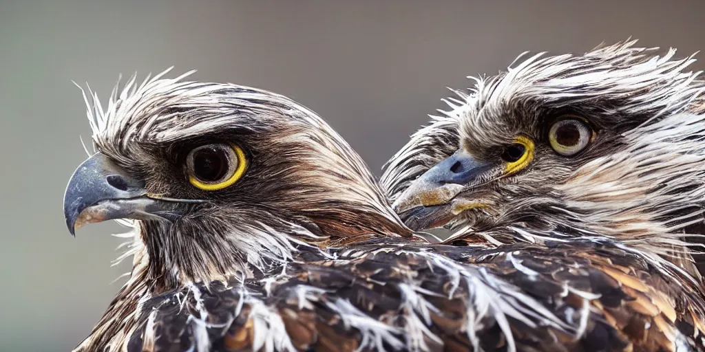 Prompt: scenic photo of a bird of prey, covered in feathers. focus on the beak. intricate eyes. extremely large wings. extreme detail, hyperrealistic photo