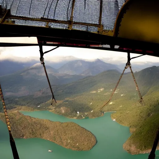 Image similar to the bridge of a military zeppelin's gondola, with a view to a mountain valley outside