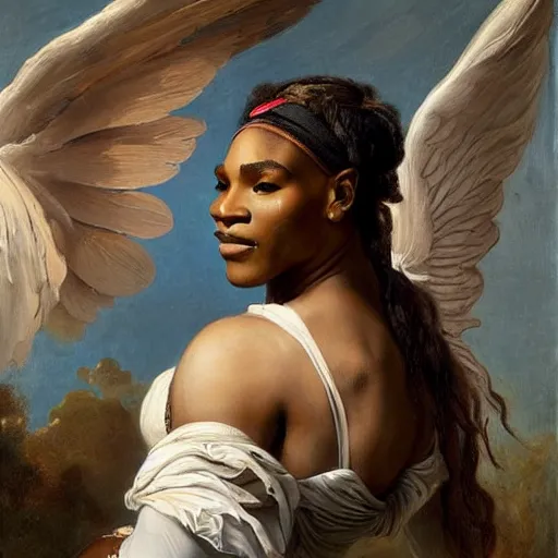 Image similar to Portrait of Serena Williams with wings as Nike Goddess standing proud, large wings, luxuriant, dreamy, eternity, romantic, strong pose, highly detailed, in the style of Franz Xaver Winterhalter, highly detailed, in the style of Aetherpunk