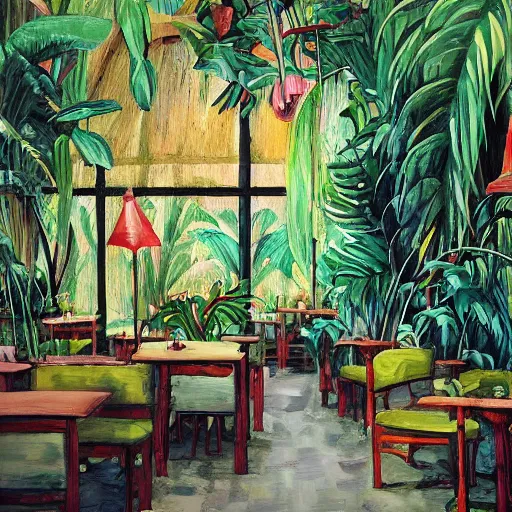 Image similar to a jungle in a cafe, painting