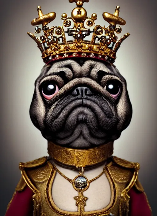 Image similar to highly detailed closeup, profile portrait of a tin toy goth anthro pug princess wearing a crown, unreal engine, nicoletta ceccoli, mark ryden, earl norem, lostfish, global illumination, detailed and intricate environment