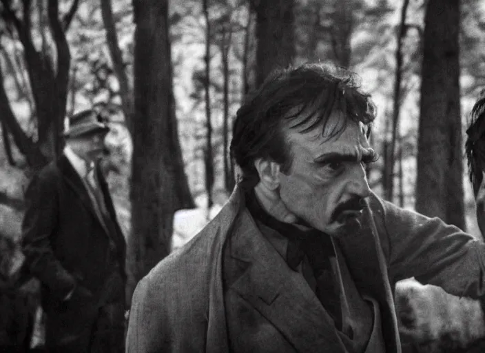 Image similar to an dramatic scene from the movie scarface, medium long shot, costumes from peaky blinders, filmed in the dark woods, a cabin in the background, al pacino and daniel day - lewis, sharp eyes, serious expressions, detailed and symmetric faces, black and white, cinematic, epic,