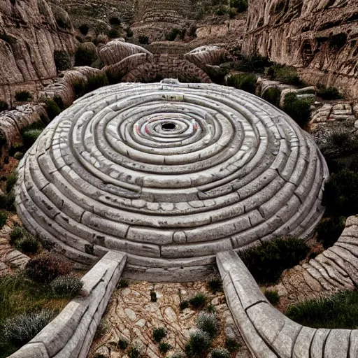 Prompt: a gigantic paleolothic torus made of stone with highly detailed carvings of intricate shamanic robotic electronics and circuitry, in a mediterranean lanscape, inside a valley overlooking the sea, in the style of michael karcz