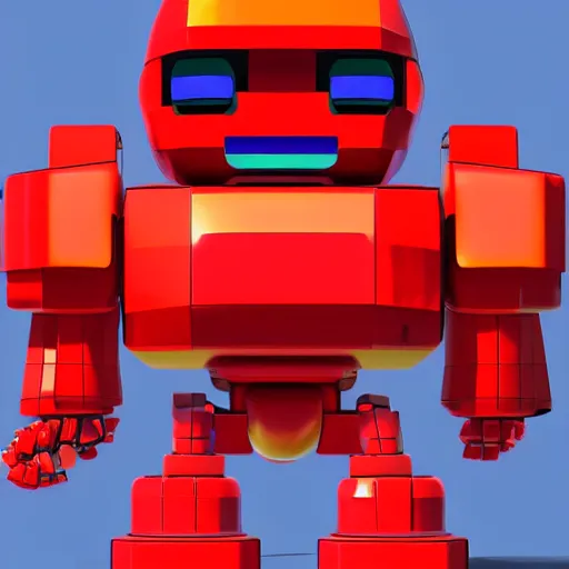 Image similar to red giant robot that towers over you from nintendo's earthbound beginnings in remastered 3 d geometry with raytraced highly reflective material, 4 k