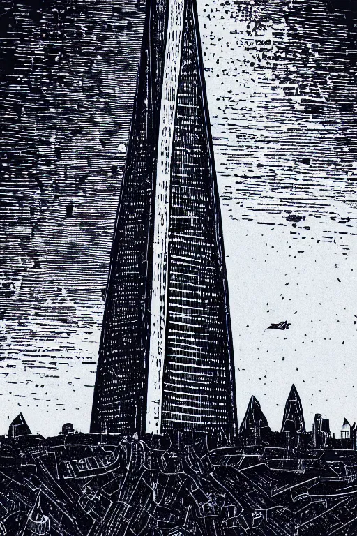 Prompt: a beautiful linocut print of the shard, 8 k, frostbite 3 engine, cryengine, dof, trending on artstation, digital art, crepuscular ray, art by fossi _ images and tugboat printshop