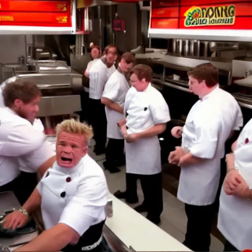 Prompt: gordon ramsay yelling at burger king employees in the burger king kitchen on kitchen nightmares. the employees are lined up and in their burger king uniforms. 4 k broadcast