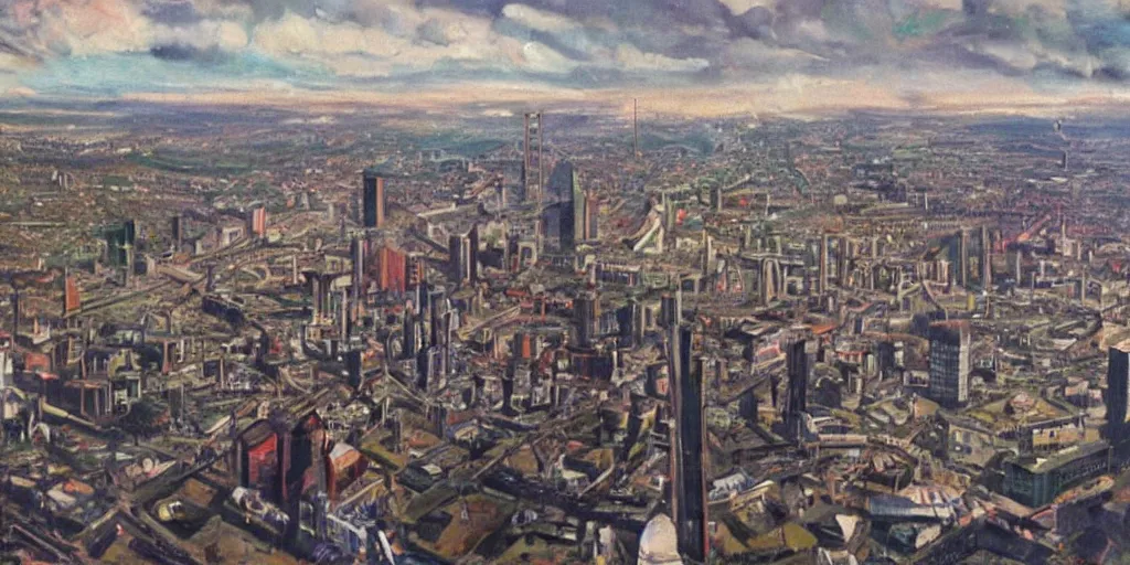 Prompt: An oil painting of a group of 1960s retro alien spaceships battling over the city of Manchester, UK