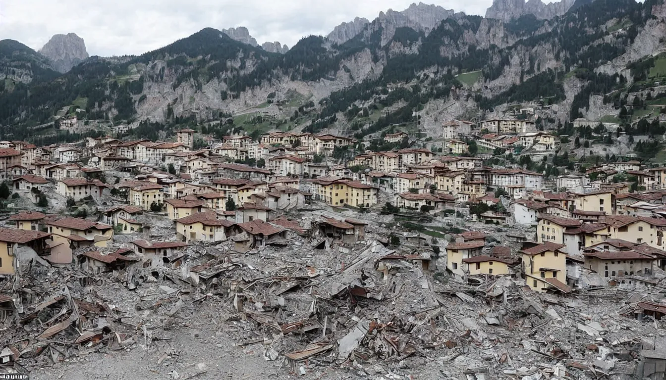 Prompt: an italian town in the dolomites mountains destroyed after heavy artillery shelling and bombardments