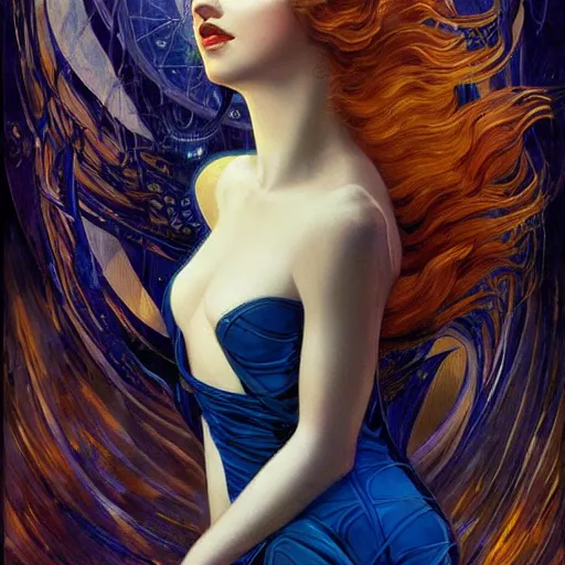 Prompt: a woman with blue and gold hair, an art deco painting by art of brom and karol bak and aurel bernath, featured on behance and cgsociety, fantasy art, gothic art, poster art, art deco, tarot card, pre - raphaelite