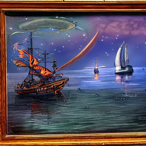 Prompt: wizard's ship setting out from a harbour colour painting high res