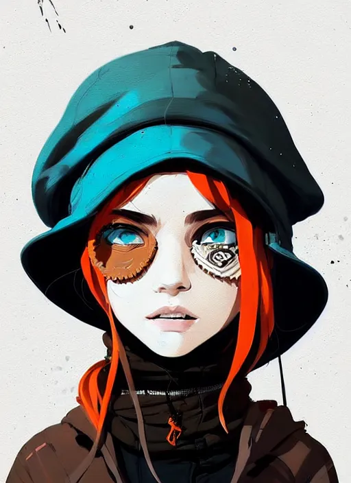 Prompt: highly detailed portrait of a sewer punk lady student, blue eyes, leather hoodie, hat, white hair by atey ghailan, by greg tocchini, by james gilleard, by kaethe butcher, by greg tocchini, gradient orange, black, brown and cyan color scheme, grunge aesthetic!!! ( ( graffiti tag wall background ) )