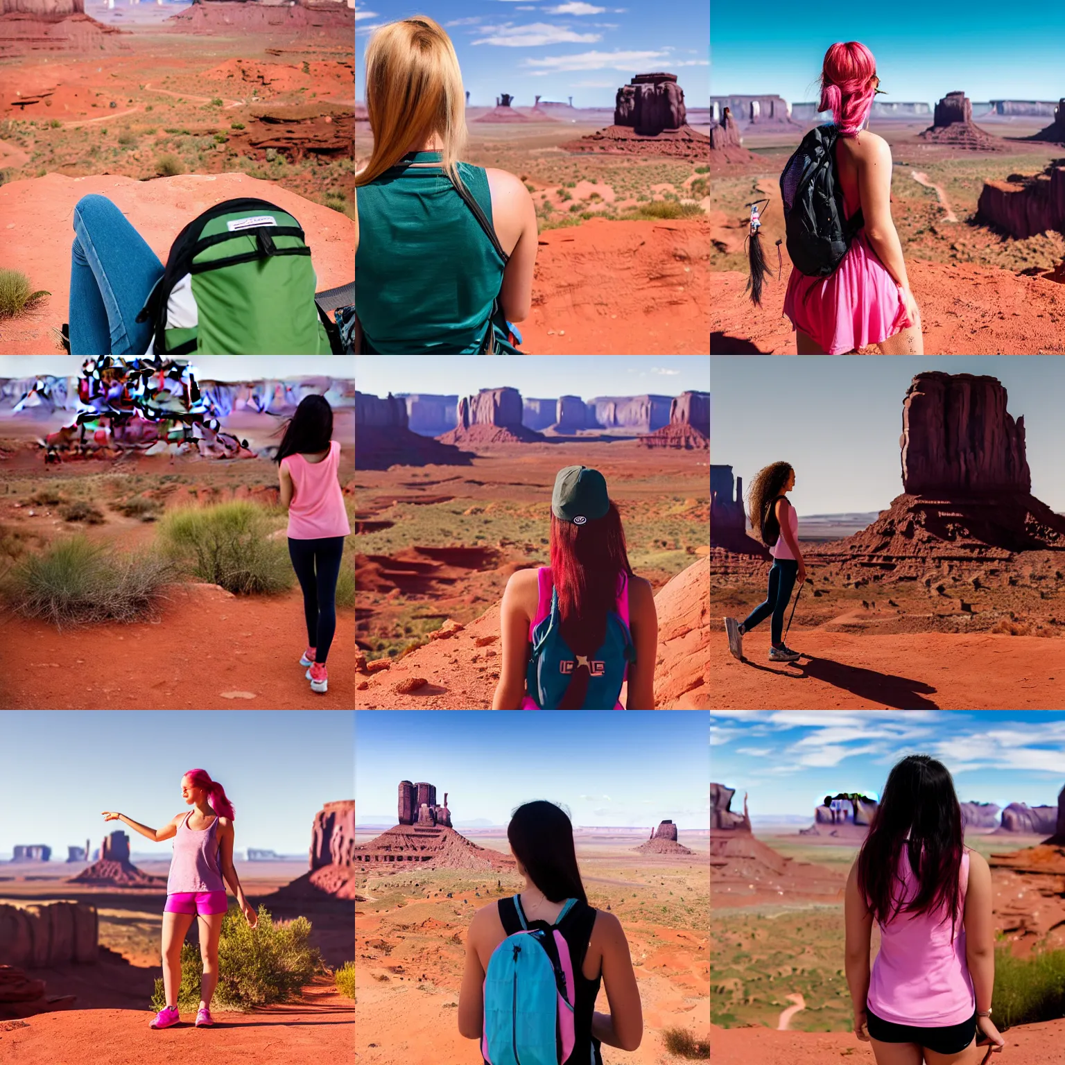 Prompt: a young woman with long pink hair looking at monument valley, hiking clothes, tank top, backpack, utah, monument valley in background, cinematic, beautiful, stunning, day time, epic, 8 k