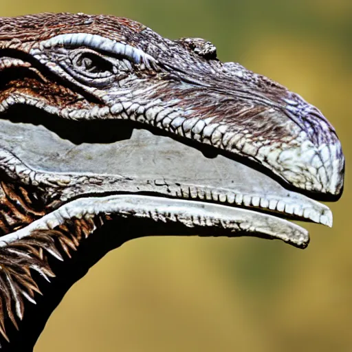 Image similar to a photograph of a velociraptor with feathers