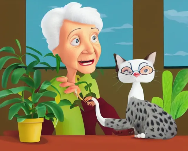 Prompt: cartoon of a nice old lady and her plant cat, pixar, sharp high quality