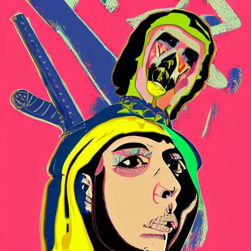 Image similar to taliban punk and rock and roll. pop art style images. symmetrical anatomy. perfect shapes. without duplication of images. digital painting. confident posse. concept art. beautiful detailed. artstation.. sharp focus. ilustration by mel ramos and peter blake and ed ruscha and peter max and takashi murakami