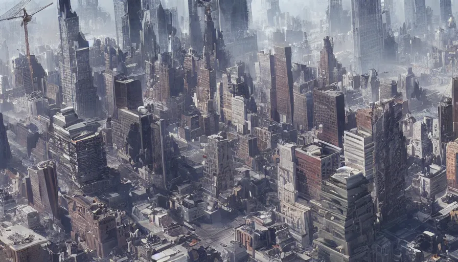 Image similar to Photo of the reconstruction of New-York after an earthquake, hyperdetailed, artstation, cgsociety, 8k
