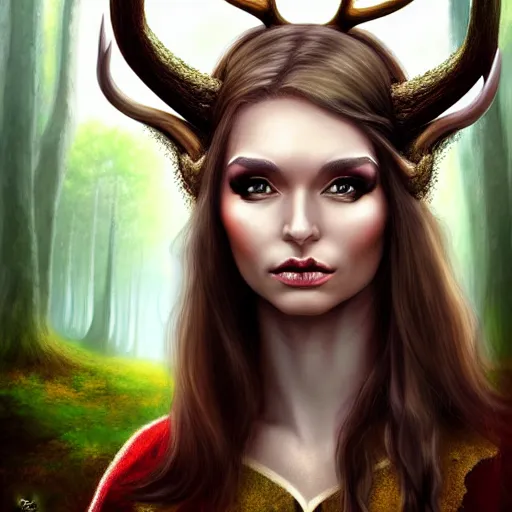 Prompt: elf woman that has antlers, forest in background, matte oil painting, dnd art, fantasy, stunning, beautiful, feral, clear, crisp, sharp, award - winning, portrait, extremely detailed