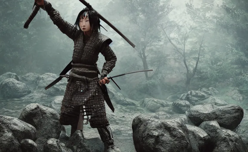 Image similar to highly detailed 3 d render of native japanese woman shinobi warrior standing in wet japanese battlefield from sengoku period, surrounded by dense rock formations, high in mountains, blue night, cinematic lighting, photobash, raytracing, high contrast