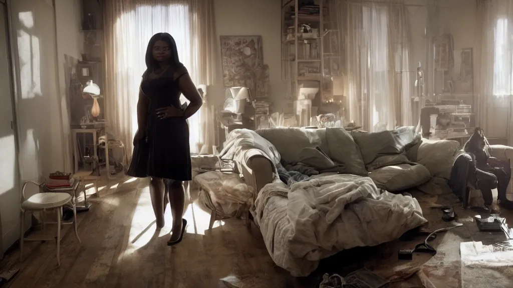 Image similar to stunning screenshot of Octavia Spencer alone in her studio apartment, moody, sad scene from the movie PT Anderson, she is plugged into the virtual world at night, art house, award winning film, portrait, 3D rendered lighting, stunning cinematography by Hoyte van Hoytema