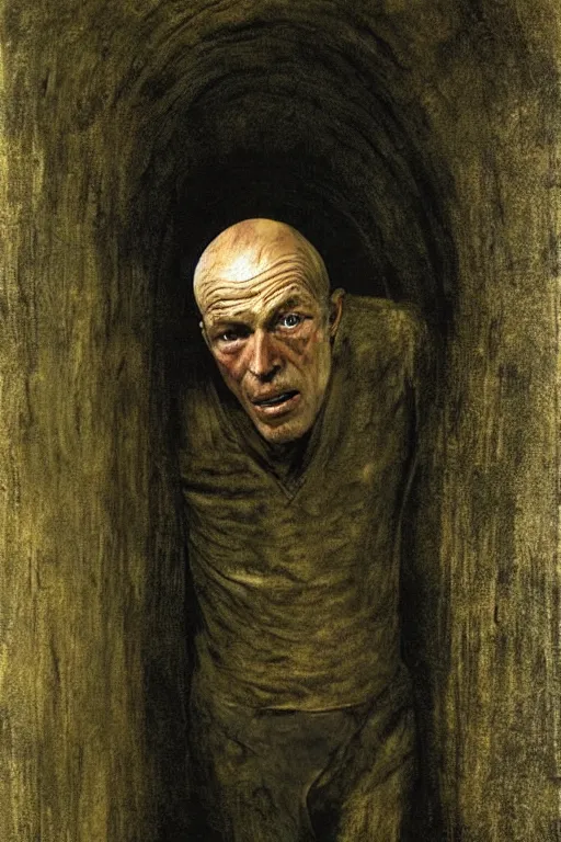 Image similar to Andrew Wyeth artwork, A man with a wooden box under his arm stands inside a dark tunnel, looking up with an expression of horror