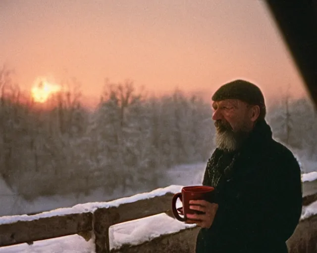 Image similar to lomographic tarkovsky film still of 4 0 years russian man with beard and sweater standing on small hrushevka 9 th floor balcony with cup of tea in winter taiga looking at sunset, cinestill, bokeh