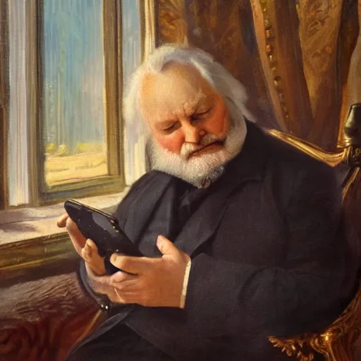 Prompt: victor hugo playing on his phone, digital art, trending on art station, high quality, uhd 8 k, beautiful, golden hour, intricate detail, high gradient, raytracing, dynamic lighting, sharp focus