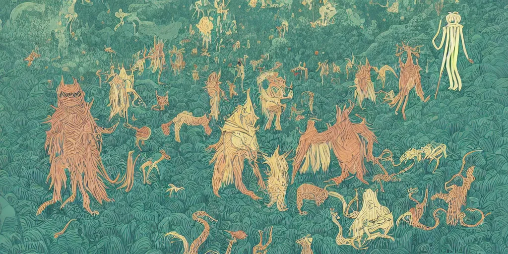 Prompt: detailed illustration of a group of monsters in the wilderness by victo ngai