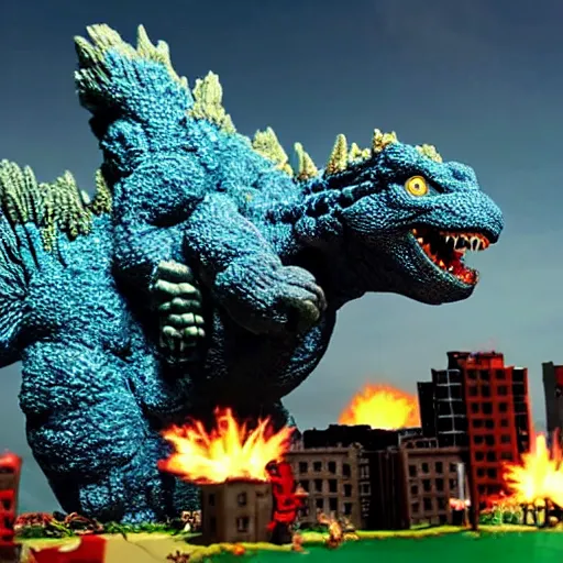Prompt: claymation Godzilla destroying city