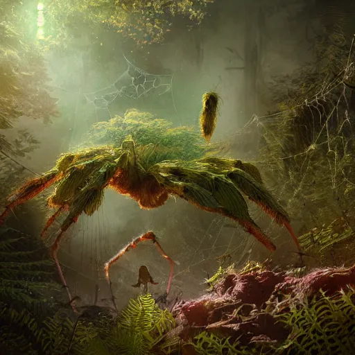 Prompt: an ugly giant spider, beautiful, realistic, atmosphere, vibe, forest, webs, fern, flowers, concept art illustration, color page, tone mapping, akihiko yoshida, james jean, andrei riabovitchev, marc simonetti, digital illustration, greg rutowski, volumetric lighting, sunbeams, particles