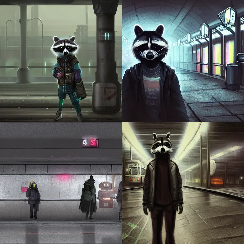 Prompt: of a matte painting of a cyberpunk raccoon character waiting for the subway, dark, arstation