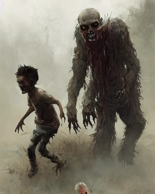 Prompt: a child zombie walking toward a scared teenager that fell on the ground realistic concept art, hd, high quality by jean baptiste monge and greg rutkowski