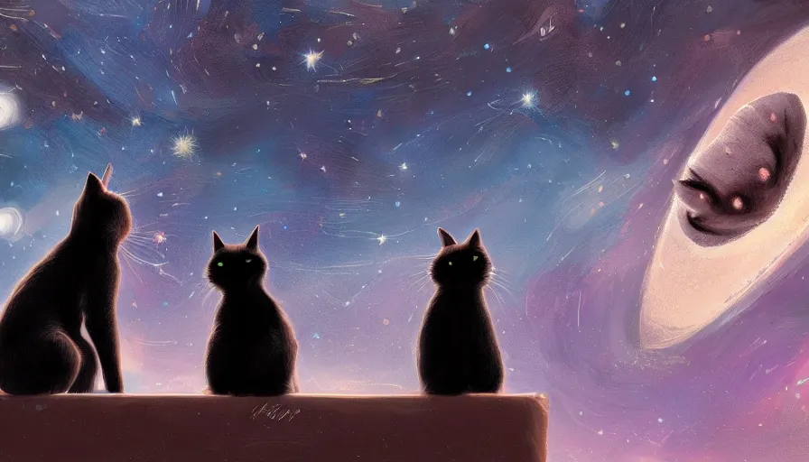 Image similar to black cat and brown dog looking at the stars together, hyperdetailed, artstation, cgsociety, 8 k