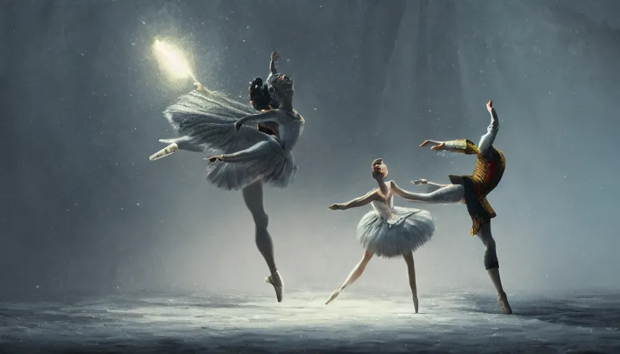 Image similar to the nutcracker and the ballerina, detailed oil painting, cinematic shot, hyperrealistic, breathtaking, volumetric lighting, cinematic lighting, dynamic, Studio Ghibli, digital art, octane render, epic composition, trending on artstation, masterpiece, dark souls vibe, dark atmosphere