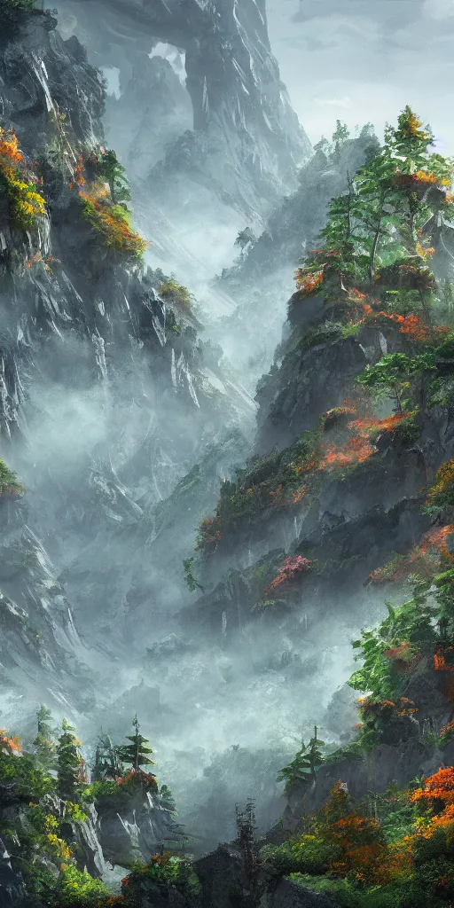 Prompt: a side of a very tall mountains covered in foliage , cinematic, atmospheric, featured on artstation, ultra detailed