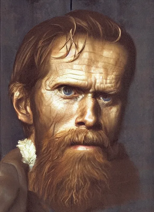 Prompt: portrait painting of willem dafoe with short beard, renaissance oil painting, studious chiaroscuro