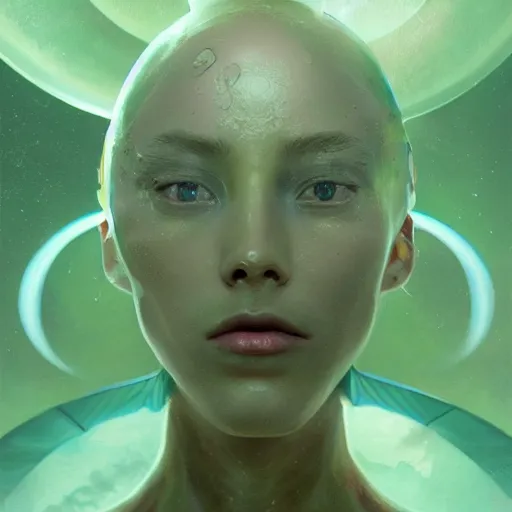 Image similar to 3 d, sci - fi, morning, sleepy fashion model face, sun, cinematic, clouds, sun rays, vogue cover style, poster art, light green mood, snakes, realistic painting, intricate oil painting, high detail, figurative art, multiple exposure, poster art, 3 d, by tooth wu and wlop and beeple and greg rutkowski