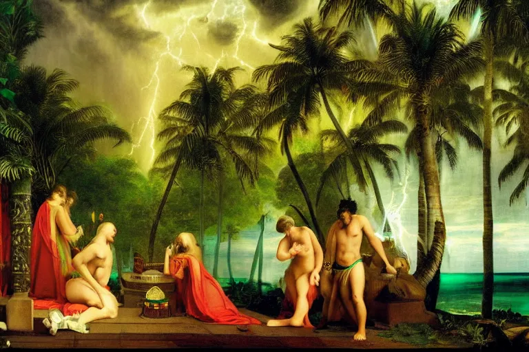 Prompt: The Ritual of the sacred elixir, refracted sparkles, thunderstorm, beach and Tropical vegetation on the background major arcana sky and symbols, by paul delaroche, hyperrealistic 4k uhd, award-winning, very detailed paradise