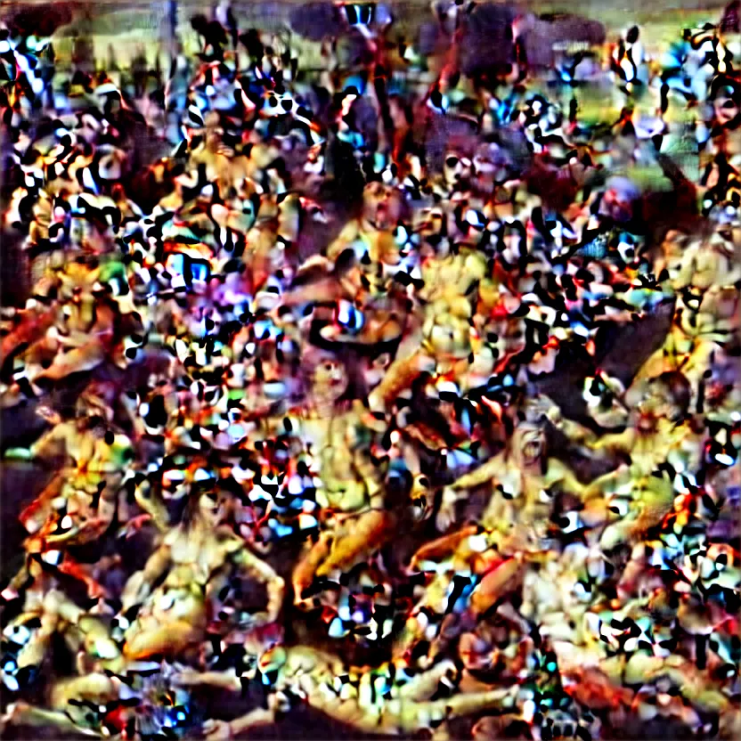 Prompt: a sacred painting of an orgy of beautiful flesh - eating timikawas with rainbow fur, they are eating a screaming man while sitting on a chair made of human limbs, the chair is floating on a lake of blood, surrounding the lake are melting trees, nightmare scene, supernatural, highly detailed, creepy, terrifying, famous painting by raphael and salvador dali