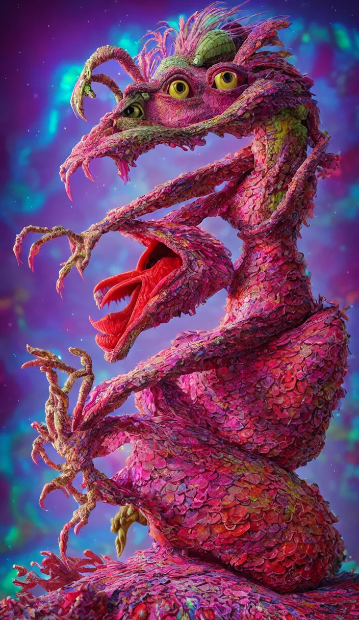 Prompt: hyper detailed 3d render like a Oil painting - kawaii portrait Aurora (a beautiful skeksis muppet queen from dark crystal that looks like Anya Taylor-Joy) seen red carpet photoshoot in UVIVF posing in scaly dress to Eat of the Strangling network of yellowcake aerochrome and milky Fruit and His delicate Hands hold of gossamer polyp blossoms bring iridescent fungal flowers whose spores black the foolish stars by Jacek Yerka, Ilya Kuvshinov, Mariusz Lewandowski, Houdini algorithmic generative render, Abstract brush strokes, Masterpiece, Edward Hopper and James Gilleard, Zdzislaw Beksinski, Mark Ryden, Wolfgang Lettl, hints of Yayoi Kasuma, octane render, 8k