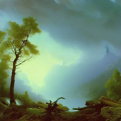 Image similar to aivazovsky's painting. forest landscape. oil on canvas, a masterpiece in the style of aivazovsky.