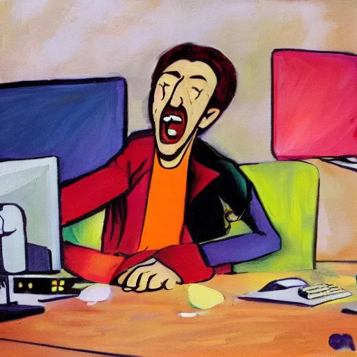 Image similar to an angry man screams at his computer monitor, oil on canvas, 1 9 6 7, highly detailed