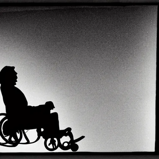 Image similar to sillouette of robert wyatt in a wheelchair flying against the moon at night,