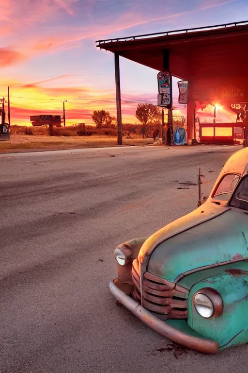 Image similar to a sunset light landscape with historical route 6 6, lots of sparkling details and sun ray ’ s, blinding backlight, smoke, volumetric lighting, colorful, octane, 3 5 mm, abandoned gas station, old rusty pickup - truck, beautiful epic colored reflections, very colorful heavenly, softlight