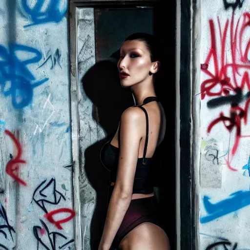 Prompt: Bella Hadid standing in a derelict room, led lights, graffiti, uhd, 8k, cinematic,